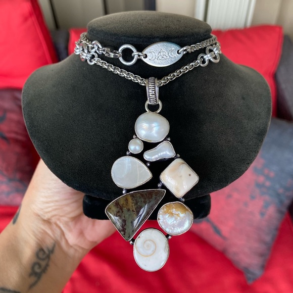 925 sterling silver overlay charm Pearl abalone fossil shiva eye shell necklace. - Picture 11 of 11